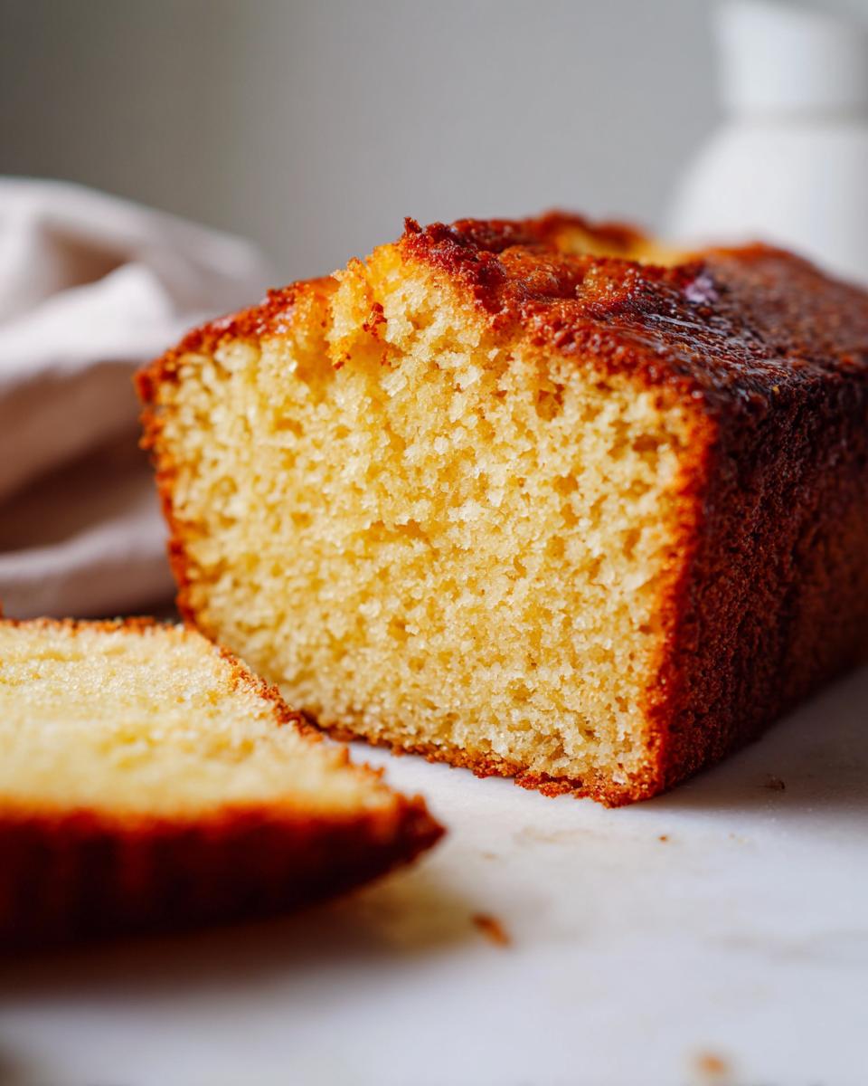 Close-up of a golden, moist slice cut from a loaf of 4-ingredient condensed milk cake.