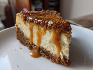 A decadent slice of biscoff cheesecake topped with a crunchy layer and dripping with caramel sauce.