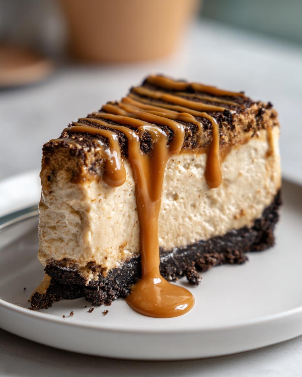 A close-up of a slice of biscoff cheesecake with a thick dark crust, topped with caramel drizzle.