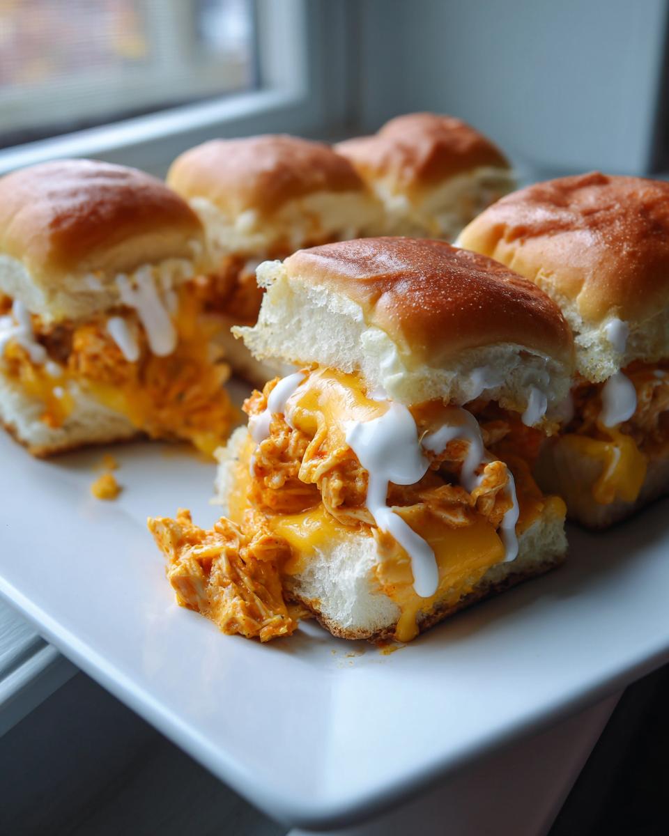 Close-up of several gooey buffalo chicken sliders topped with melted cheese and white ranch dressing on a white plate.