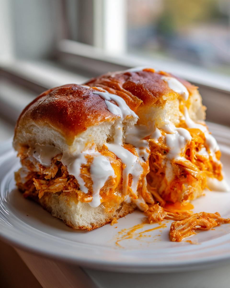 A close-up view of two halves of buffalo chicken sliders overflowing with shredded orange chicken and drizzled with white ranch or blue cheese dressing.