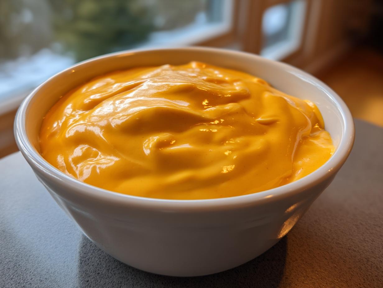 A close-up of rich, bright orange nacho cheese sauce filling a small white bowl.