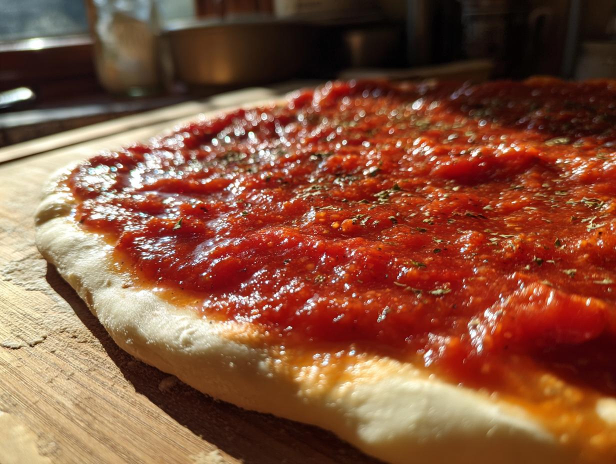 Close-up of raw pizza dough topped generously with bright red, seasoned pizza sauce.