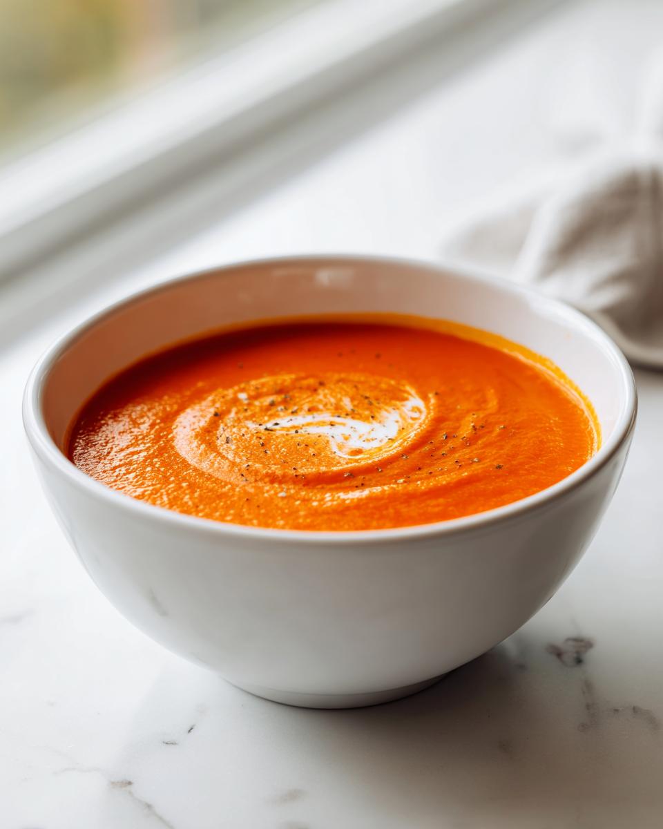 A white bowl filled with vibrant orange tomato bisque, swirled with cream and black pepper.