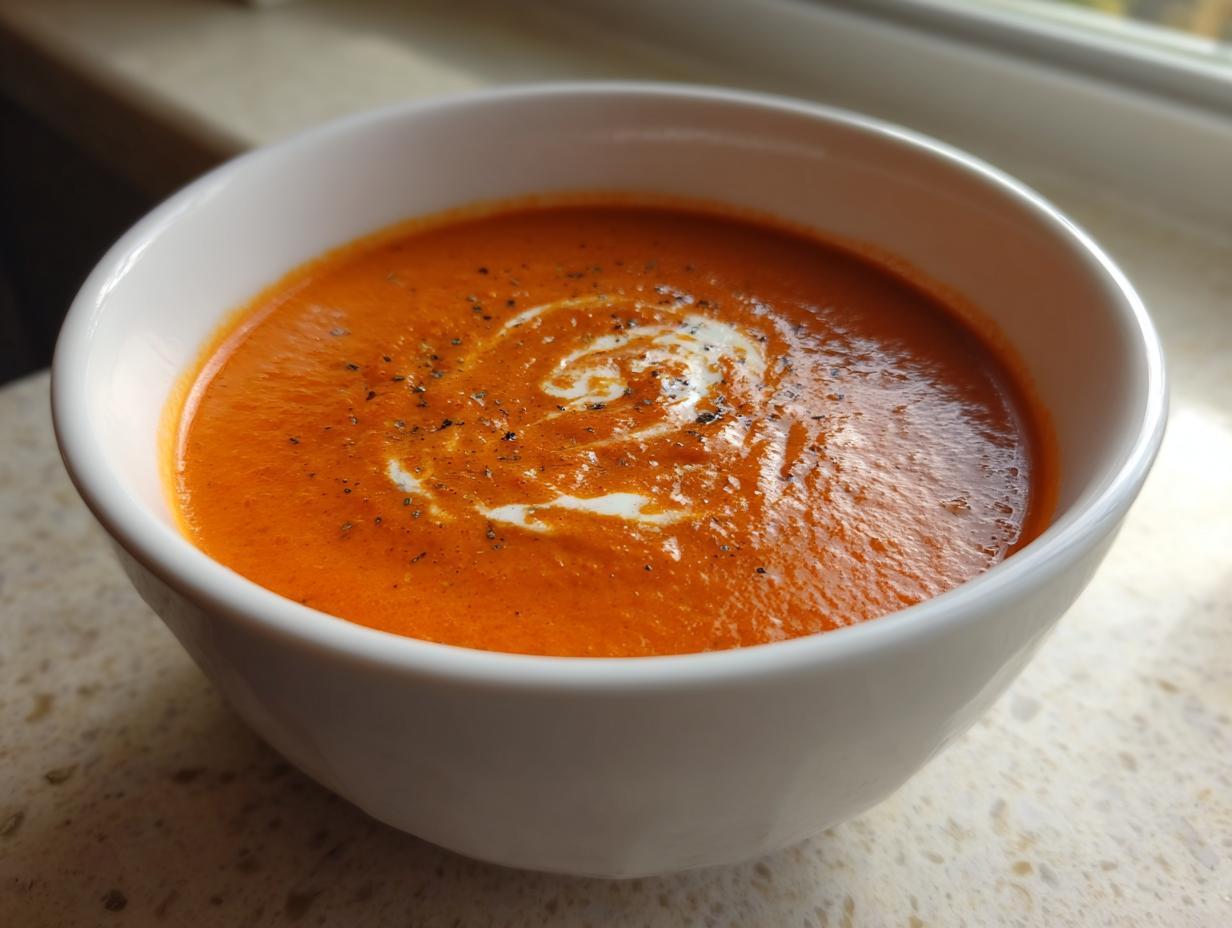 A close-up of a white bowl filled with rich, orange tomato bisque, garnished with a swirl of cream and cracked black pepper.