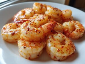 Close-up of juicy, seasoned air fryer frozen shrimp piled on a white plate, showing a slight char from cooking.