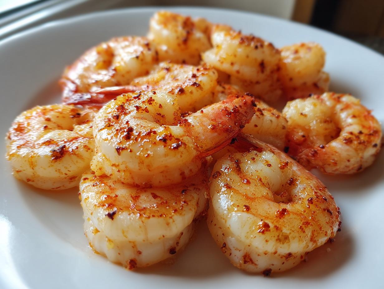 Close-up of juicy, seasoned air fryer frozen shrimp piled on a white plate, showing a slight char from cooking.