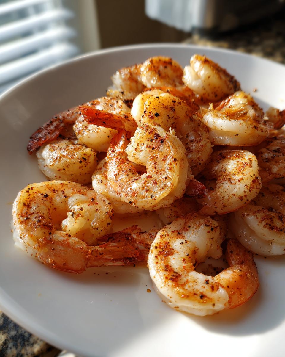 Close-up of seasoned, cooked air fryer frozen shrimp piled on a white plate, showing curled shapes and seasoning.