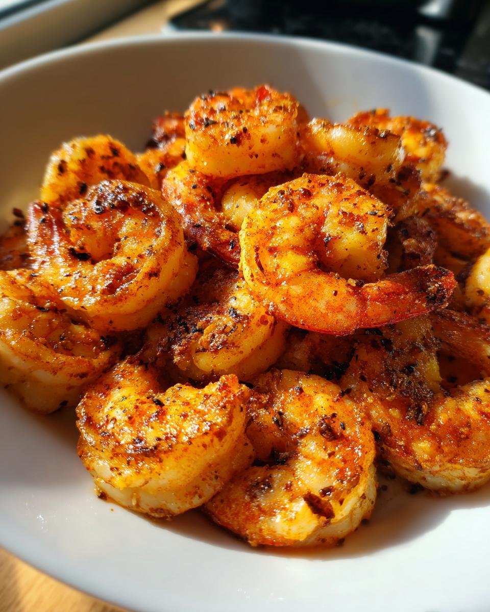 Close-up of plump, cooked air fryer frozen shrimp coated in vibrant orange and dark spices served in a white bowl.