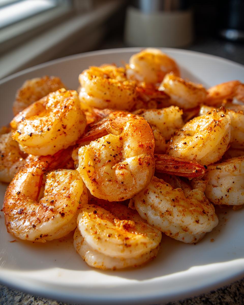 Close-up of seasoned, cooked air fryer frozen shrimp piled on a white plate, showing spices and texture.