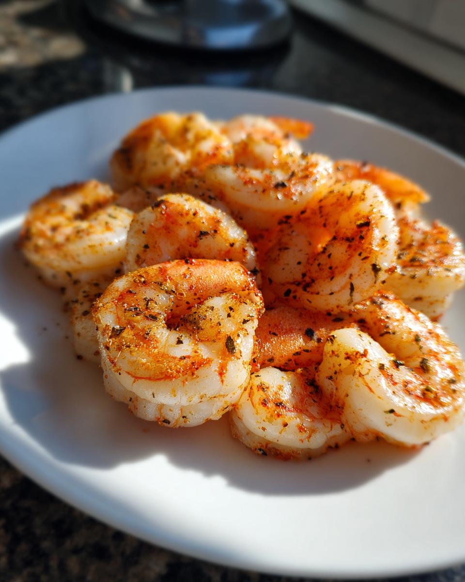 Close-up of seasoned, cooked air fryer frozen shrimp piled on a white plate, showing vibrant orange and white colors.