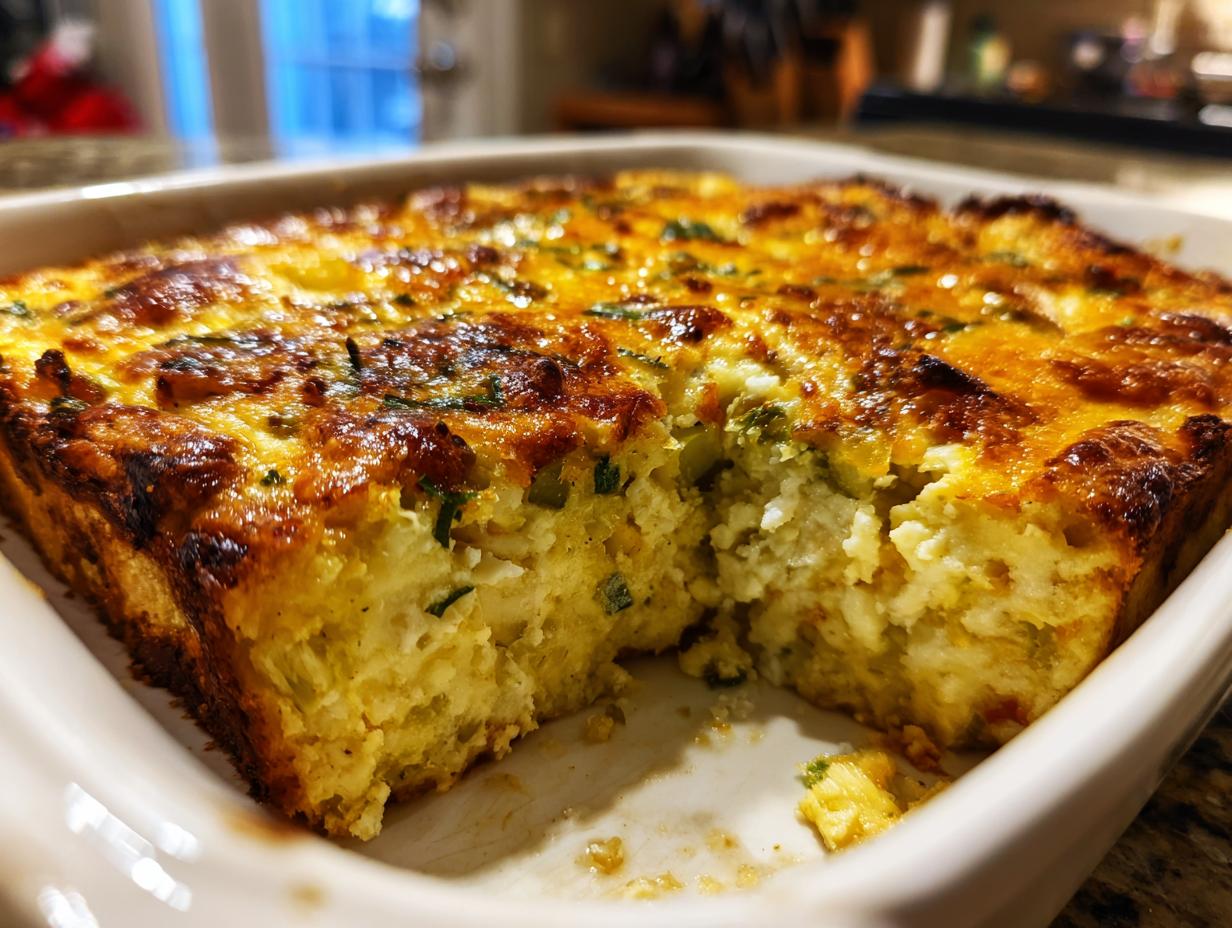 Close-up of a golden-brown, cheesy baked popper dip in a white square dish with a section removed.