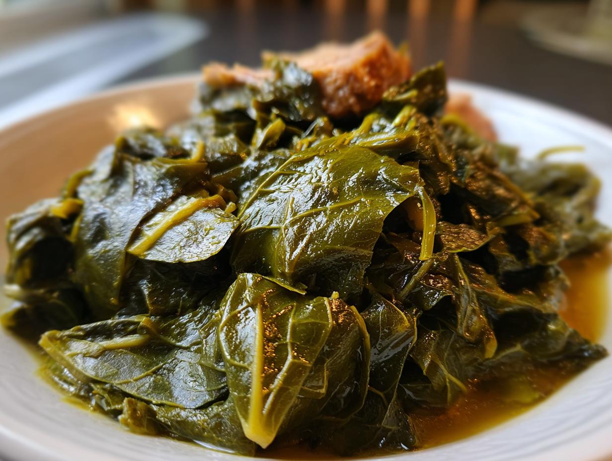 Close-up of tender, braised collard greens served in a savory broth with a piece of smoked meat visible in the background.