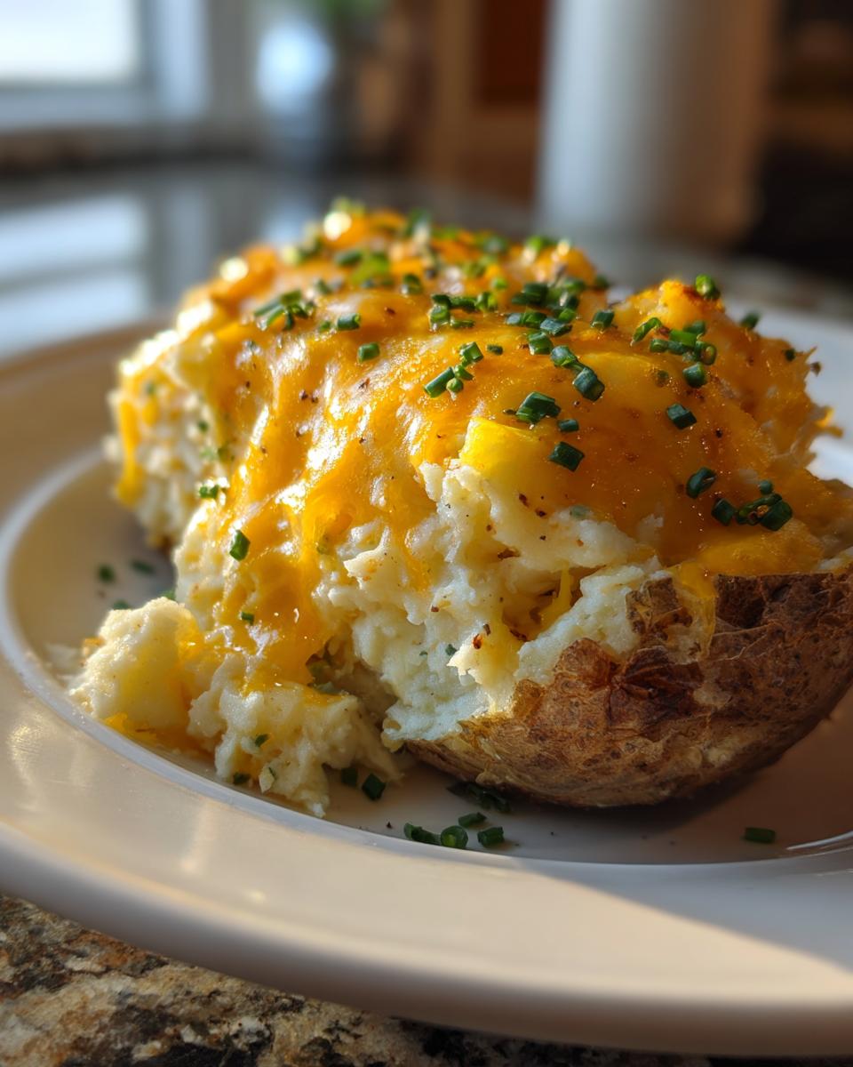 A baked potato casserole scooped out and topped with melted cheddar cheese and fresh green chives.