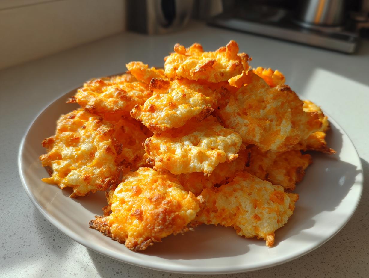 A plate piled high with golden, crispy 4-ingredient cheese crackers catching bright sunlight.