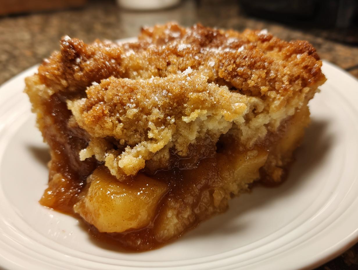 A close-up view of a square slice of amazing apple cobbler recipe with a crumbly, golden-brown topping.