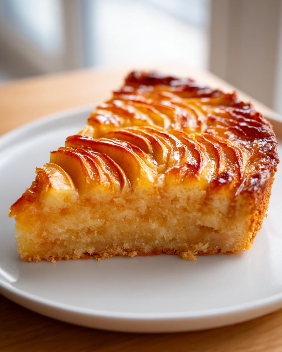 Close-up of a moist slice of apple tart showing layered, glazed apples on a golden cake base.