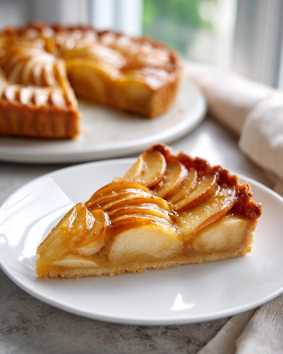 A perfect slice of amazing apple tart on a white plate, featuring beautifully arranged, glazed apple slices.