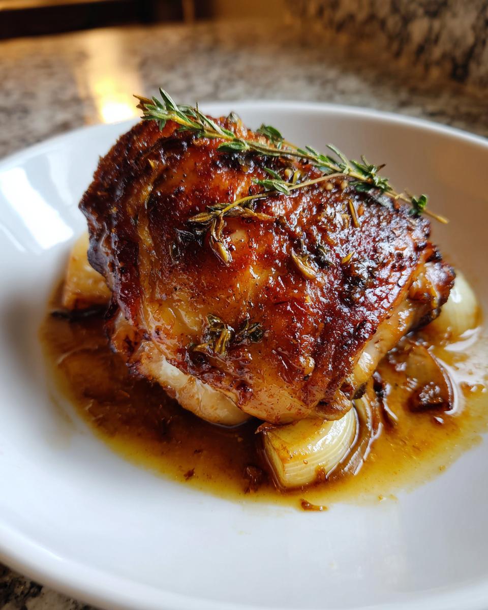 A close-up of a single, richly glazed braised chicken thigh garnished with fresh thyme sprigs.