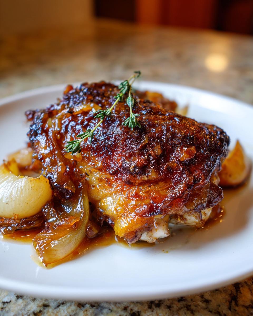 Close-up of a perfectly glazed braised chicken thighs piece served with caramelized onions and topped with fresh thyme.