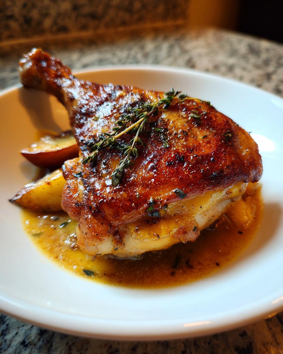 Close-up of a perfectly cooked braised chicken thighs with crispy, dark skin served in a rich sauce with potatoes.