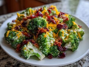 A close-up of a creamy, vibrant broccoli salad topped with shredded cheddar, bacon bits, and dried cranberries.