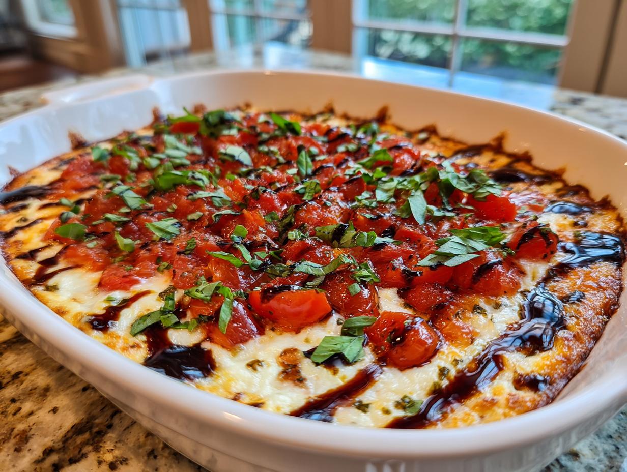 A baked bruschetta dip featuring melted cheese, chunky tomatoes, fresh basil, and a balsamic glaze drizzle.