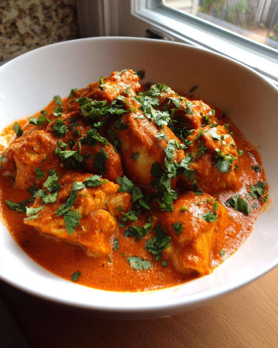 Close-up of tender chicken pieces swimming in a rich, orange-red sauce, garnished with fresh cilantro; this is the amazing butter chicken.