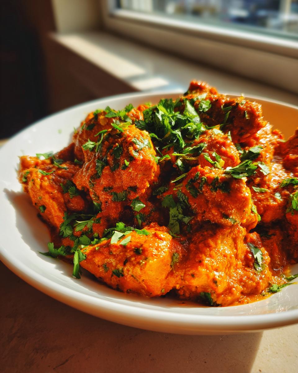 Close-up of vibrant orange butter chicken pieces garnished generously with fresh cilantro.