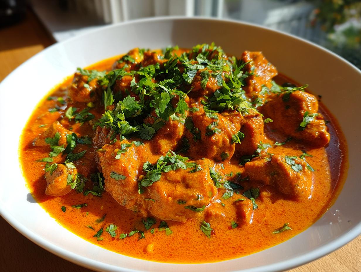 Close-up of rich, orange-red butter chicken pieces generously topped with fresh cilantro.