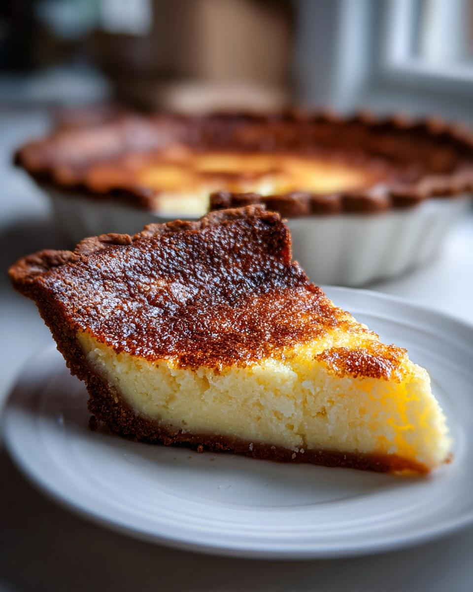 A close-up slice of amazing buttermilk pie with a rich, caramelized brown top crust on a white plate.