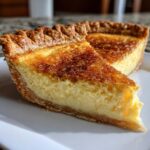 A close-up of a slice of amazing buttermilk pie showing the creamy yellow filling and caramelized top.