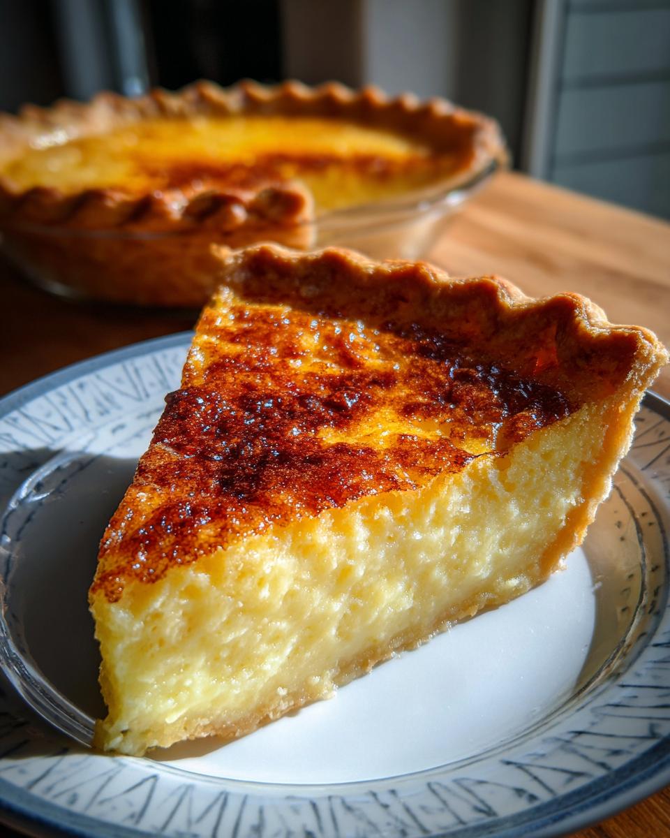 A close-up slice of amazing buttermilk pie with a creamy yellow filling and a deeply caramelized brown top.