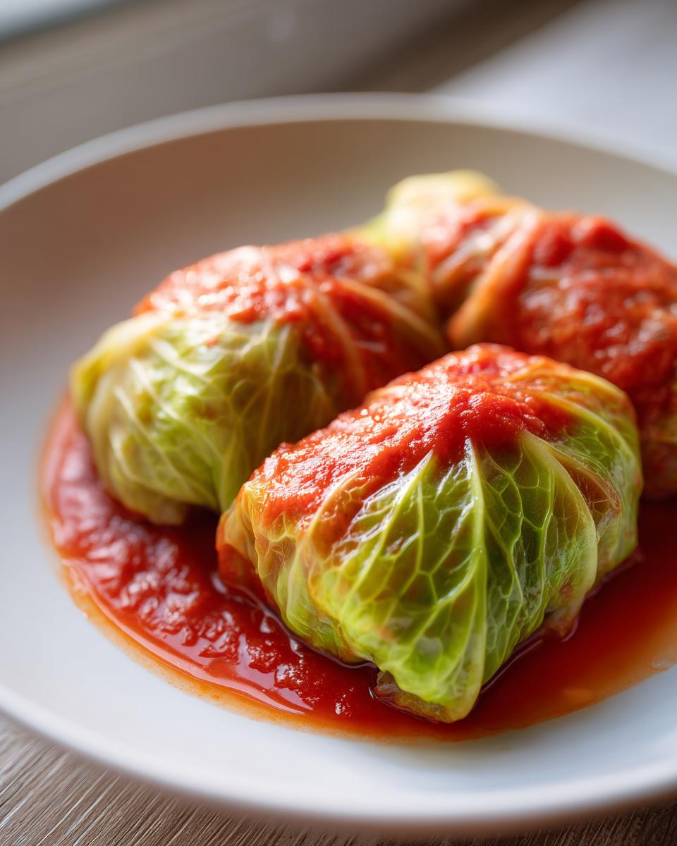 Close-up of three tender cabbage rolls smothered in bright red tomato sauce served on a white plate.