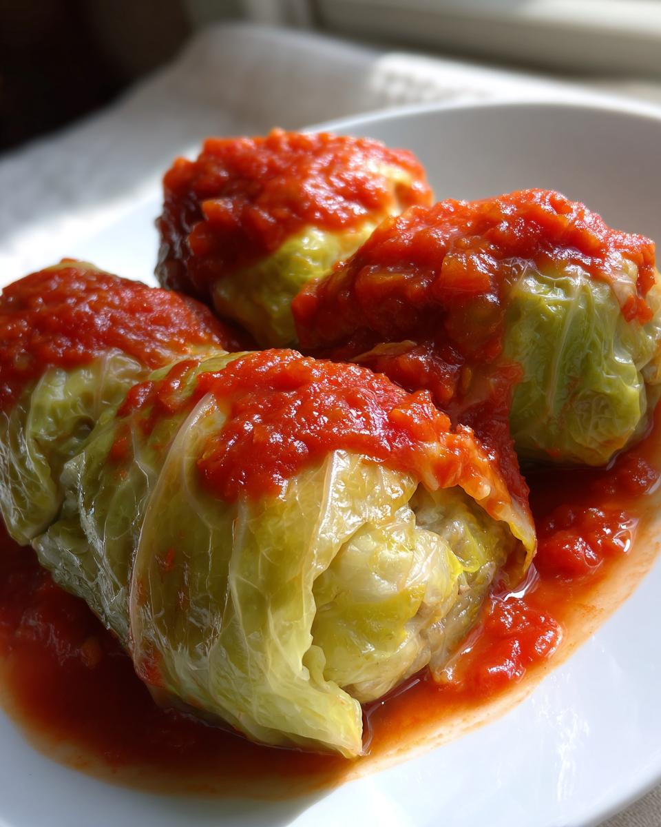 Close-up of three tender cabbage rolls smothered in rich, red tomato sauce on a white plate.