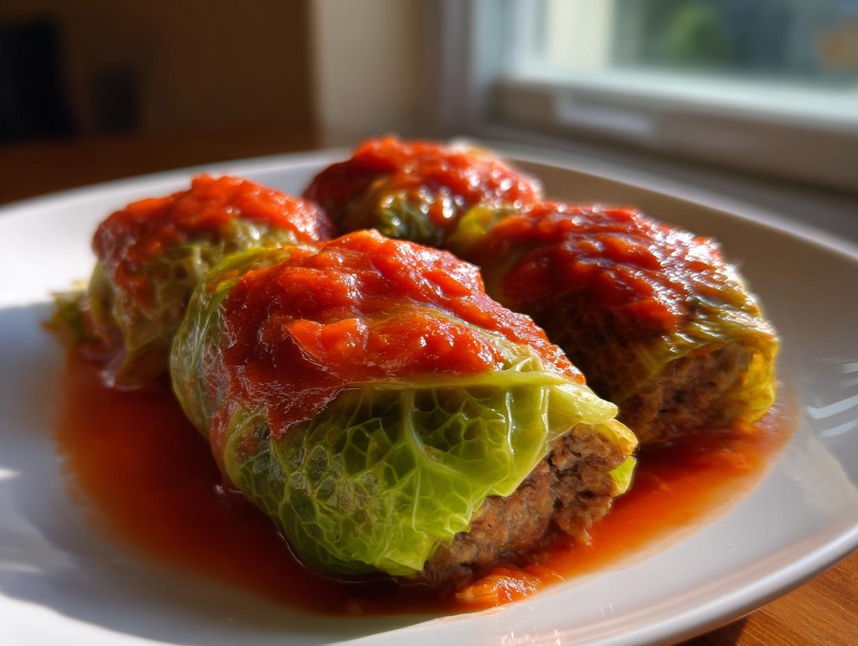 Four hearty cabbage rolls stuffed with meat filling and topped with rich tomato sauce, ready to eat.