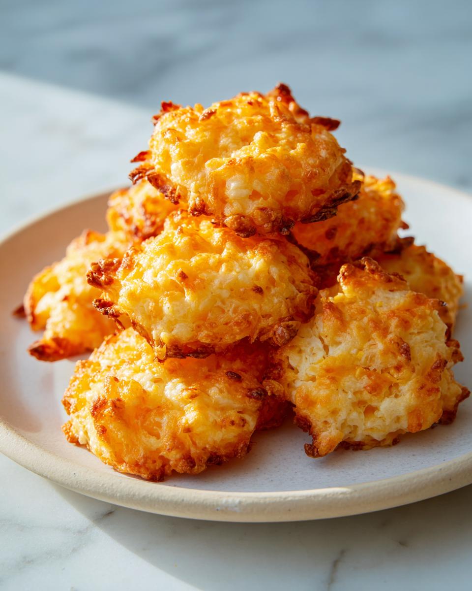 A small stack of golden brown, crispy 4-ingredient cheese crackers piled on a light-colored plate.
