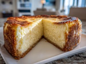 A beautiful, tall cheesecake recipe with a rich, golden-brown top and a thick graham cracker crust, one slice removed.