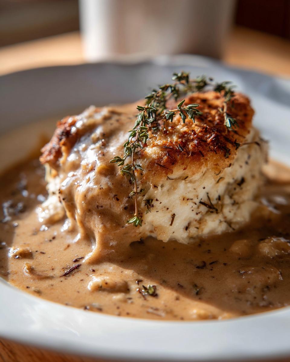 Close-up of a fluffy biscuit smothered in creamy, savory chicken and gravy, garnished with fresh thyme.