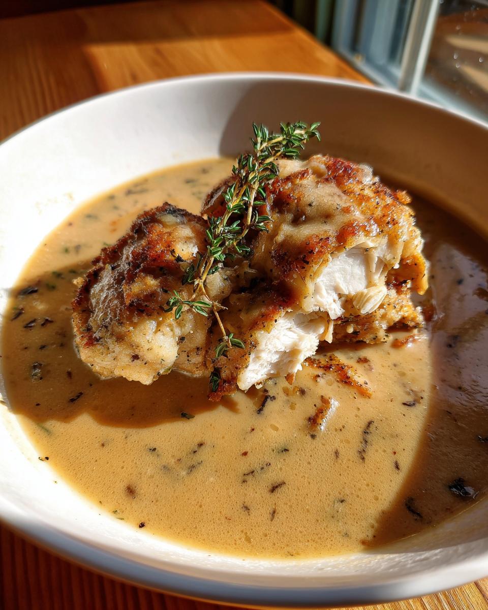 Close-up of a piece of seared chicken breast cut open, sitting in rich brown chicken and gravy, garnished with fresh thyme.