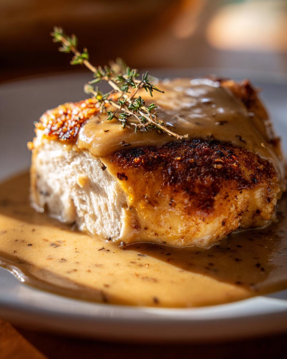 Close-up of a perfectly cooked chicken breast smothered in savory gravy, garnished with fresh thyme, highlighting the amazing chicken and gravy.