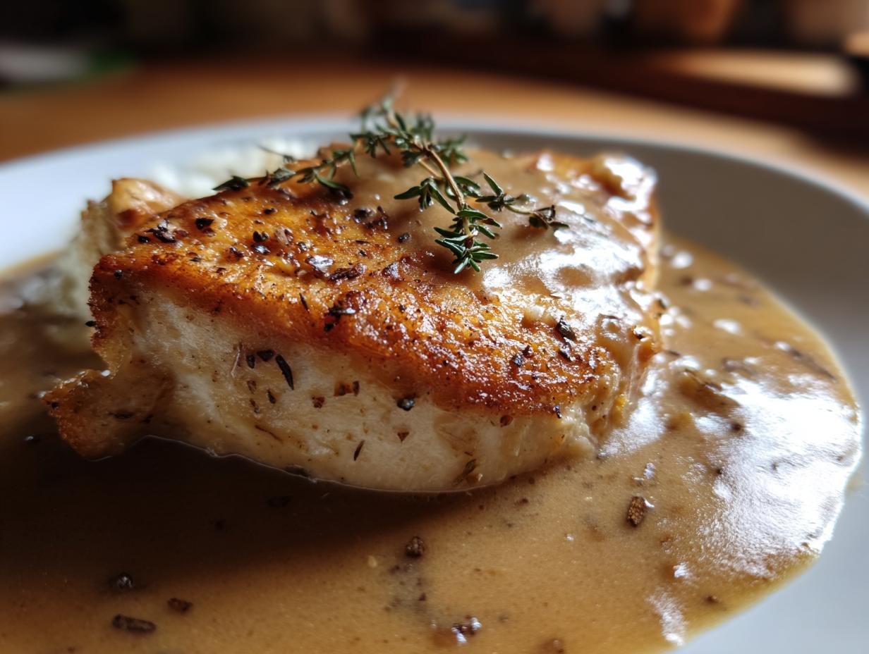 A close-up of a perfectly seared chicken breast smothered in rich brown gravy, garnished with fresh thyme for amazing chicken and gravy.