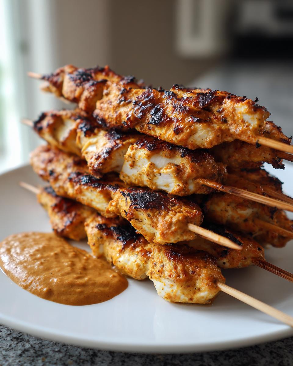 A stack of perfectly grilled chicken satay skewers served on a white plate with a side of creamy peanut dipping sauce.