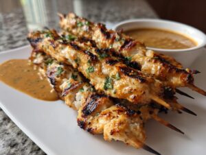 Close-up of perfectly grilled chicken satay skewers garnished with herbs, served with peanut dipping sauce.
