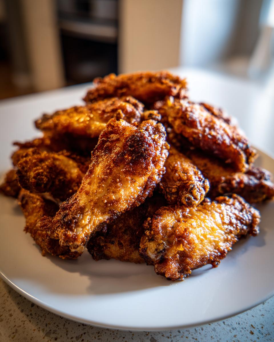 A close-up of a mound of perfectly cooked, crispy, golden-brown chicken wing pieces stacked on a white plate.