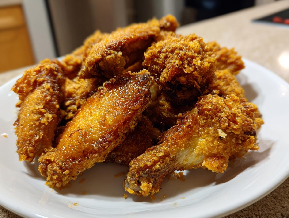 A close-up of a pile of golden brown, extra crunchy chicken wing pieces served on a white plate.