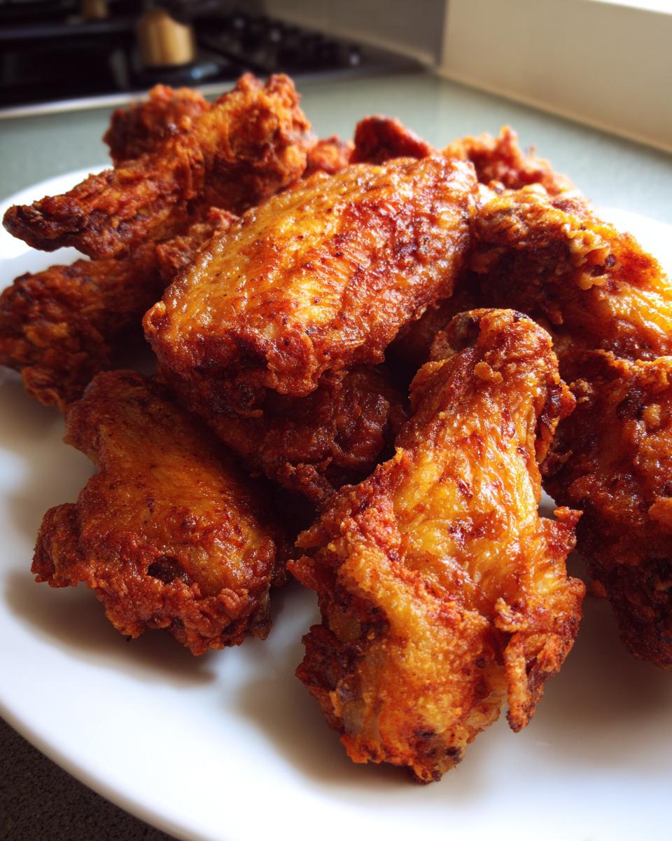 Close-up of several golden-brown, crispy fried chicken wing pieces piled on a white plate.