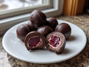 A plate of homemade chocolate covered cherries, one cut in half showing the juicy cherry filling.