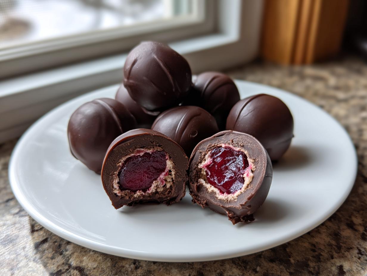 A plate of homemade chocolate covered cherries, one cut in half showing the juicy cherry filling.