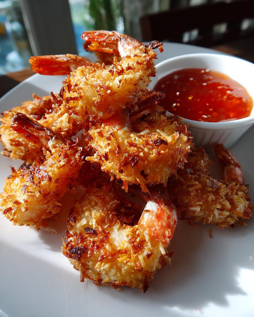 A pile of perfectly golden, crispy coconut shrimp served on a white plate next to a small bowl of sweet chili dipping sauce.